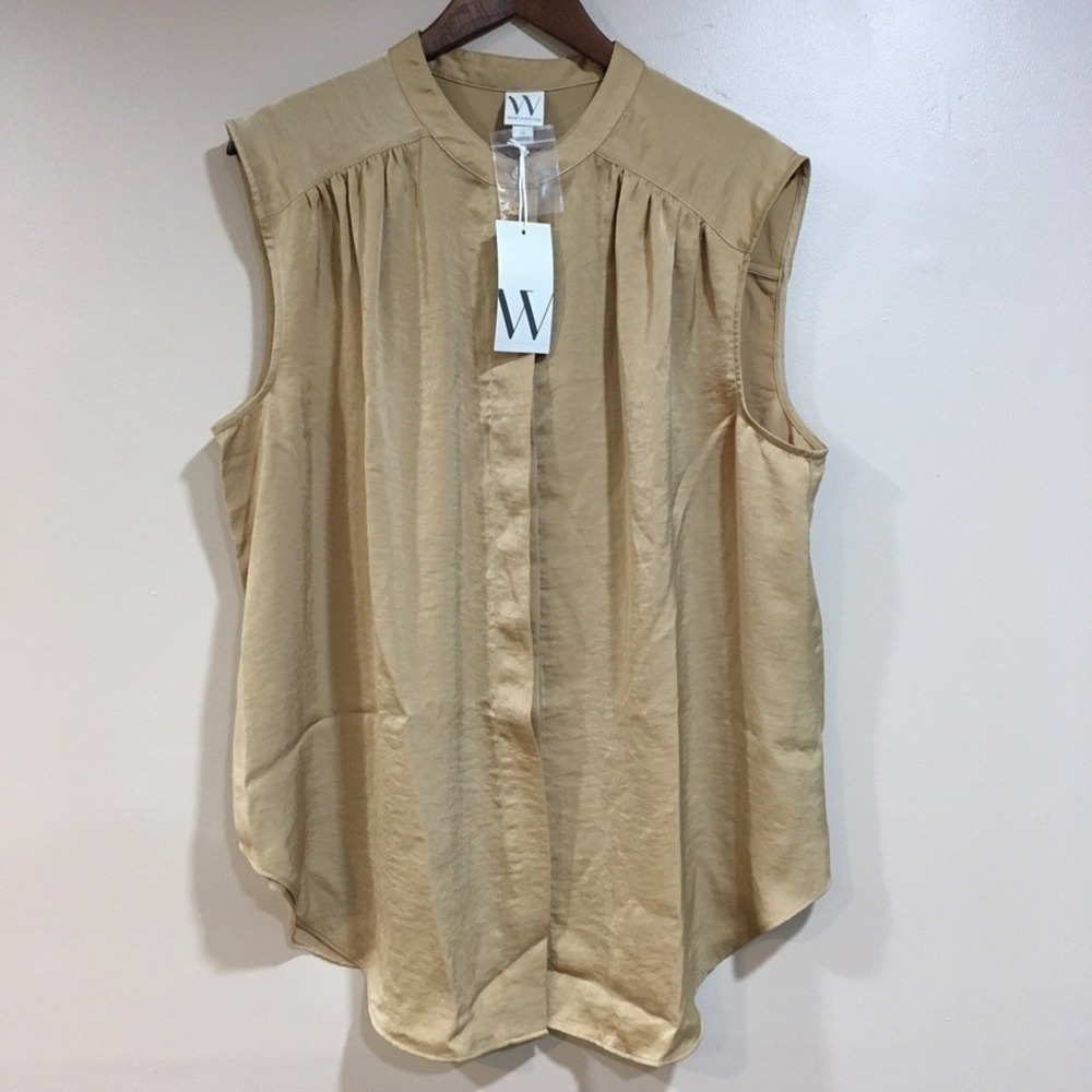 Gold Sleeveless Blouse Womens‎ 1X Worthington Metallic Shirt Mandarin Top